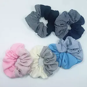 Hot Selling New Striped Plain Color Stitching Hair Ring Summer Chiffon Flower Forest Hair Accessories Scrunchies