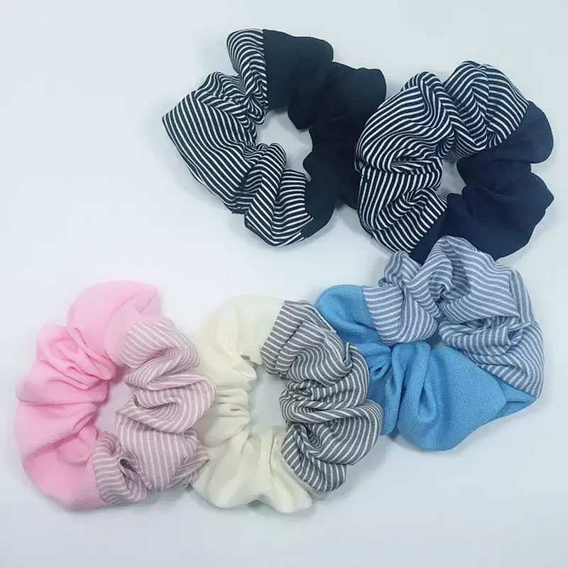 Hot Selling New Striped Plain Color Stitching Hair Ring Summer Chiffon Flower Forest Hair Accessories Scrunchies