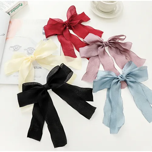 New fairy temperament sweet solid color mesh bow streamer top clip
