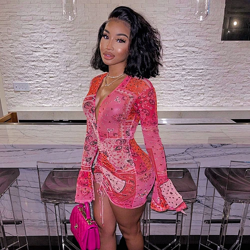 women's 2021 summer woman new deep V-neck printed trumpet full long sleeve pleated short dress ladies red green purple blue