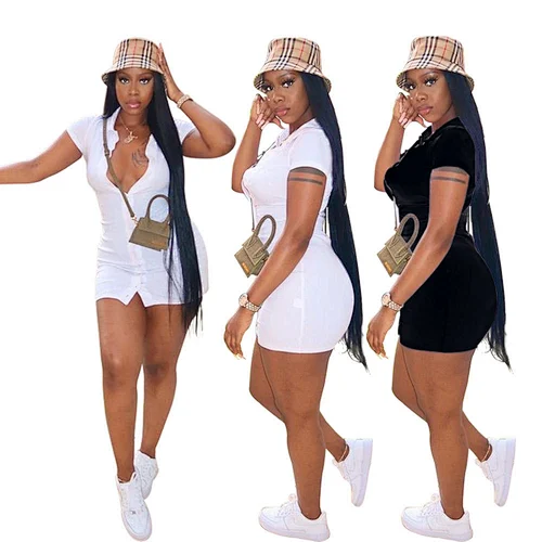 Wholesale Clothing Women Beauty Casual Dress Summer Short Sleeve Button Down T Shirt Dresses