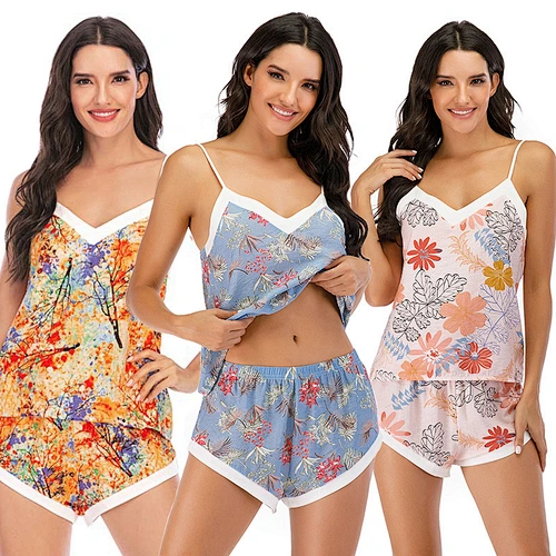 Wholesale Girls Night Wear Sexy Clothing Short Set Sleep Wear V Neck Floral Print Pajama Set Women Pajamas