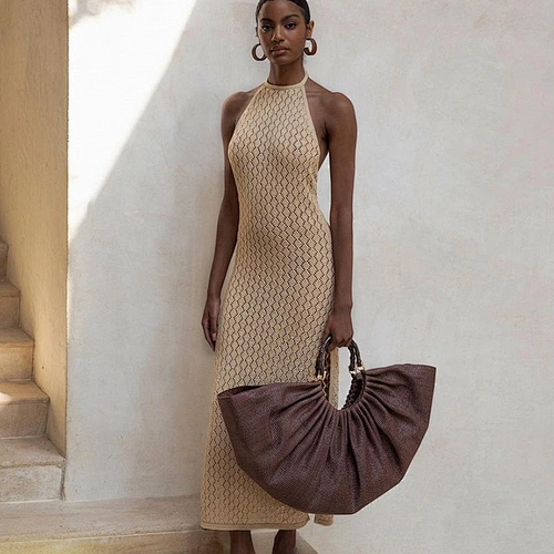 Summer Casual Maxi Halter Hollow Out Backless Knit Split Bodycon Dress Vestidos