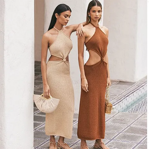 102151 Women Summer Sexy Halter Backless Clothing Waist Hollow Out Long Knitted Beach Cocktail Dresses