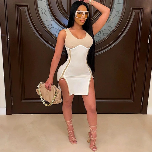 Women Split Zipper Sexy White Dress Bodycon Mini Dress Slim Solid Club Party Dress