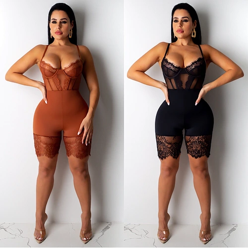 102149 See Through Jumpsuits Sheer Mesh Sleeveless Skinny Women Sexy Lace Bodycon Jumpsuit Club Wear