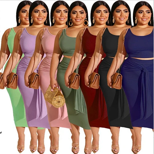 Women Plus Size Solid Color Clothing Casual Suit Plus Size  2 Piece Set Crop Top with Skirt