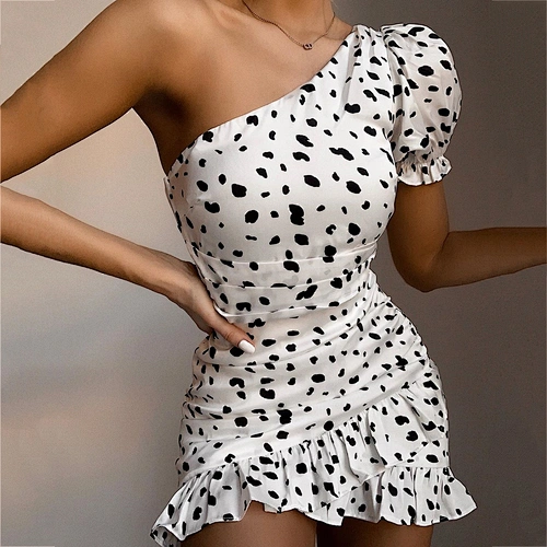 2021 Sexy Ruffled polka Leopard Flare Sleeve Mini Dress Women fashion one-shoulder prom dresses women casual korean style