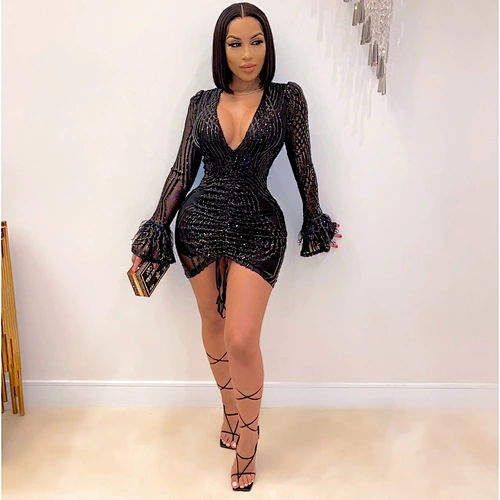 102143 Women V Neck Ruched Sequin Party Club Ladies Fashion Flare Sleeve Sequin Bodycon Dresses