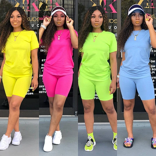 Women Casual 2 Piece Outfits Clothing Short Sleeve Top and Biker Shorts Summer Two Piece Set
