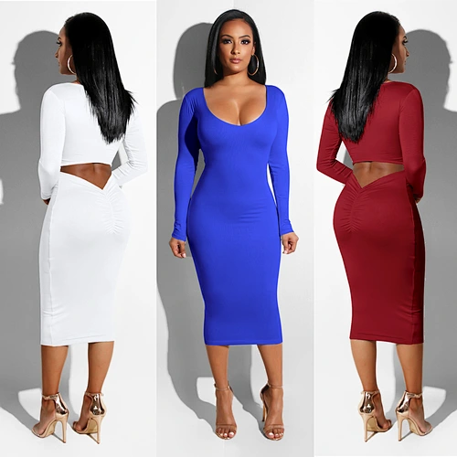 Wholesale Long Sleeve Clothing Ruched Backless Hollow Out Party NightClub Bodycon Dress