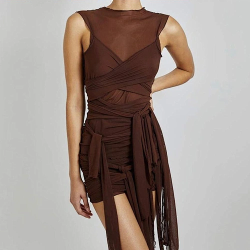 Factory Sleeveles Mesh See Through Tassels Bodycon Mini Dress Women Casual Dresses
