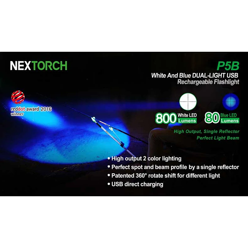 NEXTORCH P5B White and Blue Dual color LED flashlight USB rechargeable hunting and outdoor torch