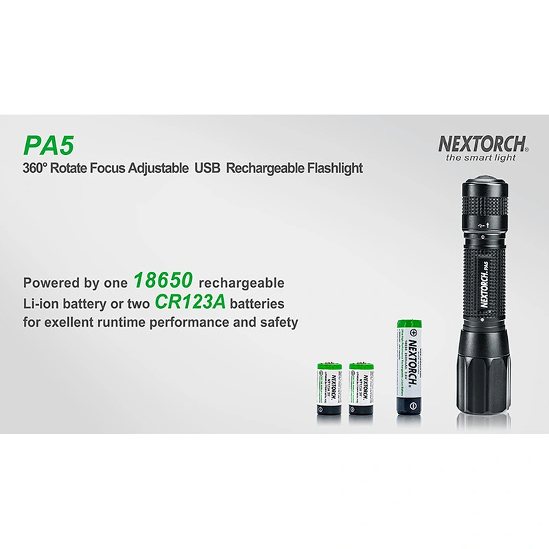 NEXTORCH PA5 zoomable warm white LED flashlight USB rechargeable flood and focus working patrol and outdoor torch light