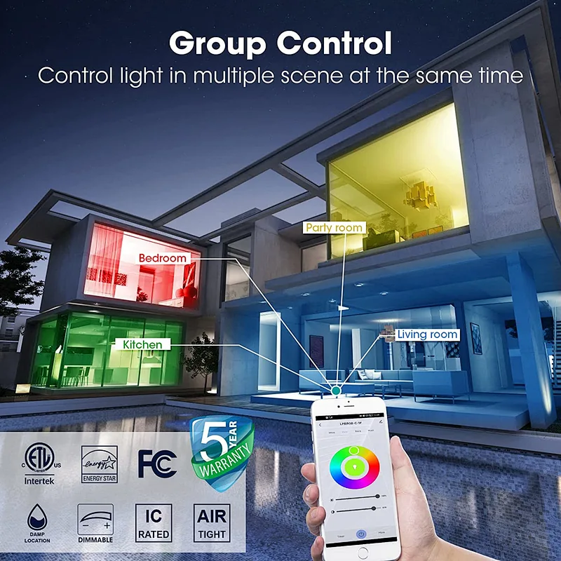 Smart Recessed Lighting 6 Inch 4 Pack, 12W Color Changing WiFi Recessed Lights, IC Rated & Air Tight Recess Ceiling Light, RGBCW Canless Pot Downlight, Alexa, Google Assistant Control, ETL