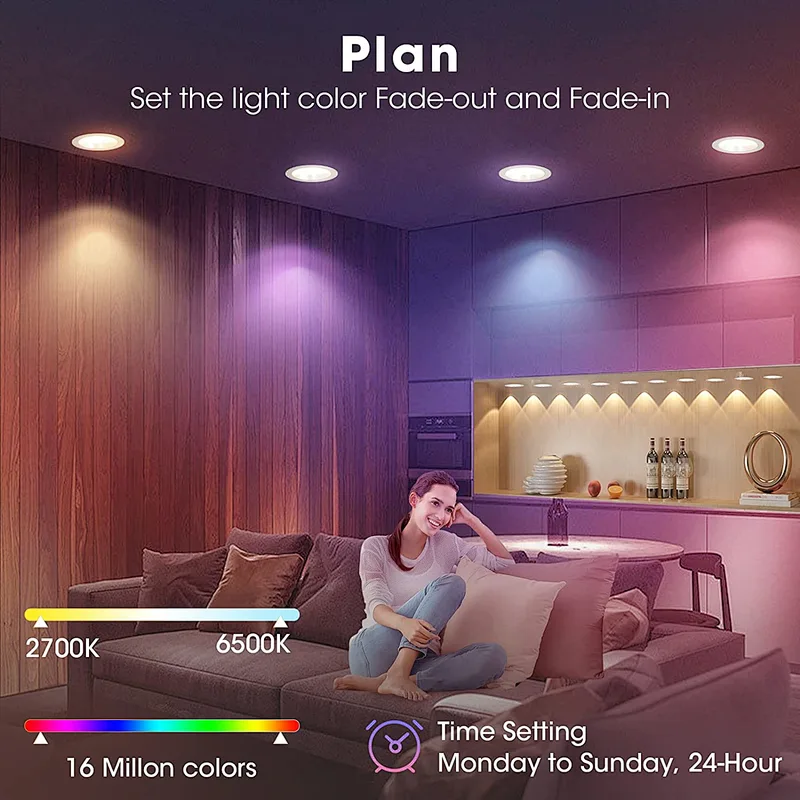 Smart Recessed Lighting 6 Inch 4 Pack, 12W Color Changing WiFi Recessed Lights, IC Rated & Air Tight Recess Ceiling Light, RGBCW Canless Pot Downlight, Alexa, Google Assistant Control, ETL