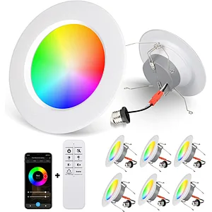 智能嵌入式照明 5/6 英寸 15W RGBCW 1400LM Eqv 125w LED 改装罐头灯, WiFi+BLE 模式带 BT 遥控器可调光嵌入式灯, 与 Alexa/Google Assistant 一起使用, 6 件装
