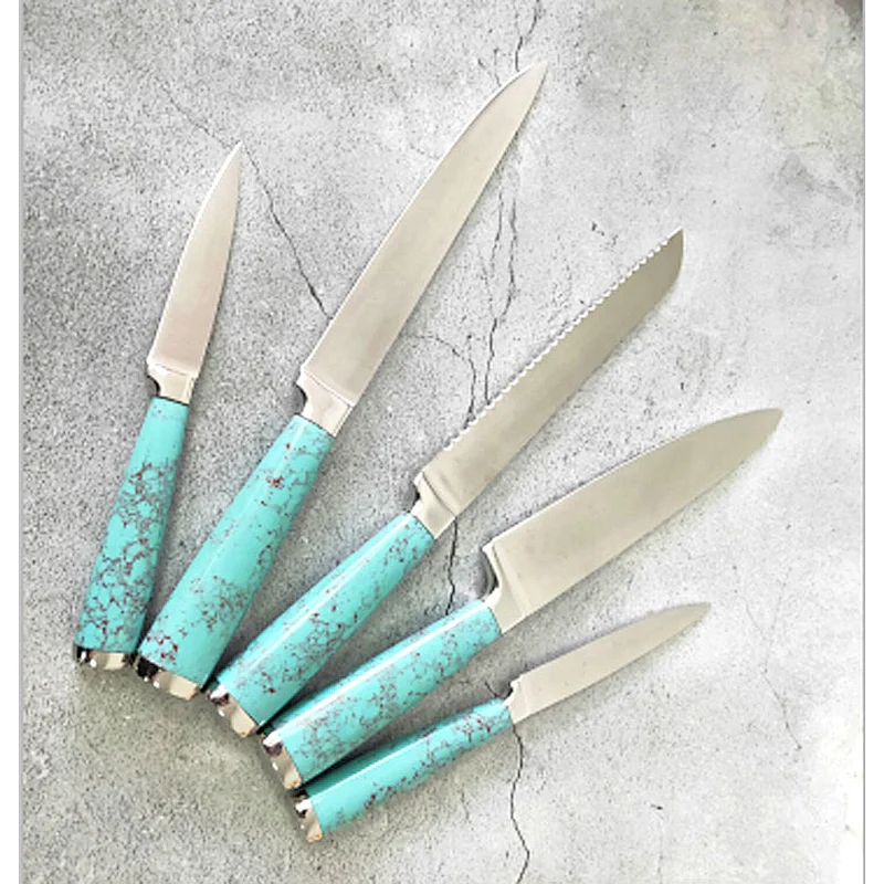 New design 5 piece chef knife set mirror polishing blade marble handle stainless steel kitchen knives set