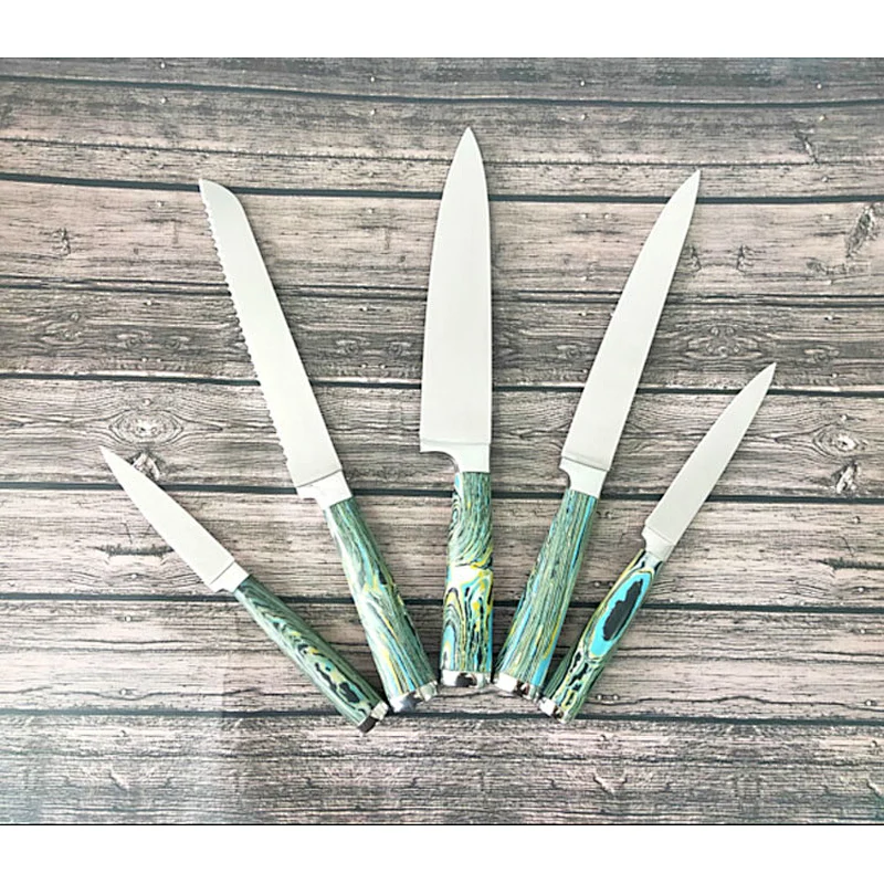 New design 5 pcs stainless steel blade kitchen knives set with marble handle