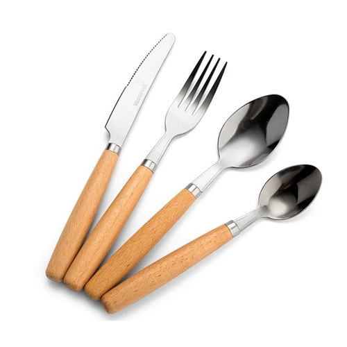 4 Pieces Wood Stainless Steel Cutlery Set Wooden Handle Flatware Set Knife Fork Spoon