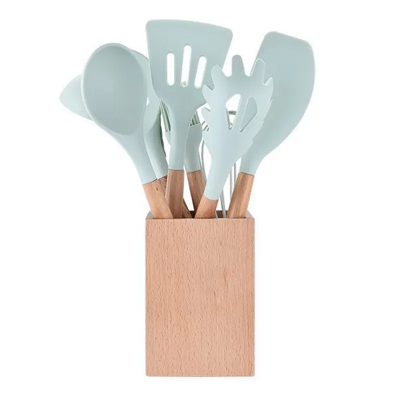 10 pcs Silicone Cooking Kitchen Utensils Set with Wooden Handles Cooking Tool