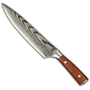 Low MOQ Wooden handle Kitchen Chef knife 8 inch with stainless steel#5CR15 laser pattern on the blade