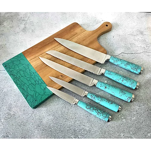 New design 5 piece chef knife set mirror polishing blade marble handle stainless steel kitchen knives set