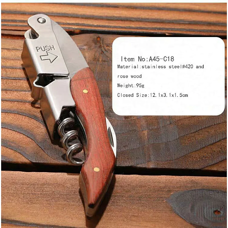 High quality corkscrew stainless steel custom wine opener with wood handle