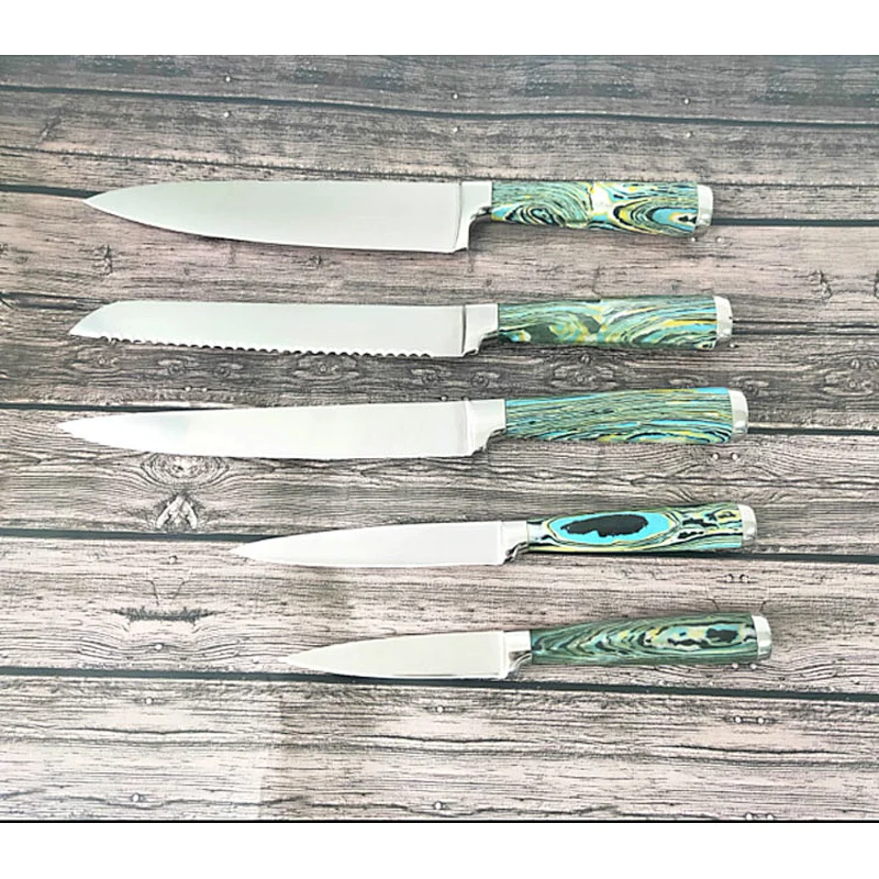 New design 5 pcs stainless steel blade kitchen knives set with marble handle
