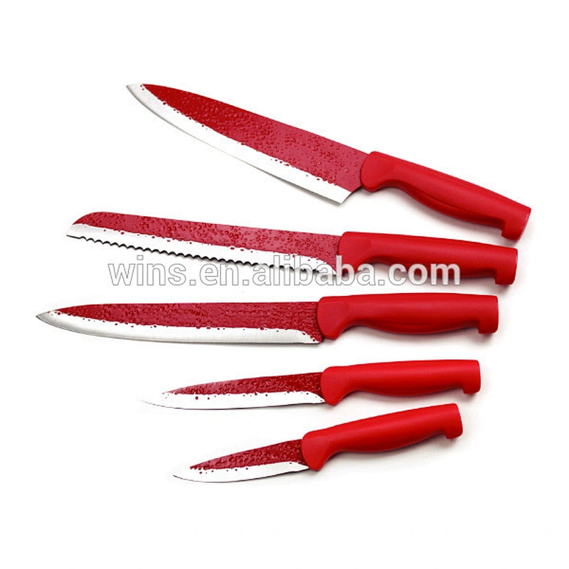 Eco-friendly non-stick coating 5pcs red color kitchen knives set with PP handle