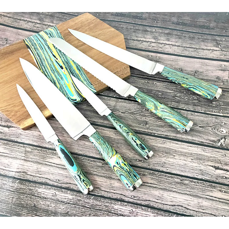 New design 5 pcs stainless steel blade kitchen knives set with marble handle