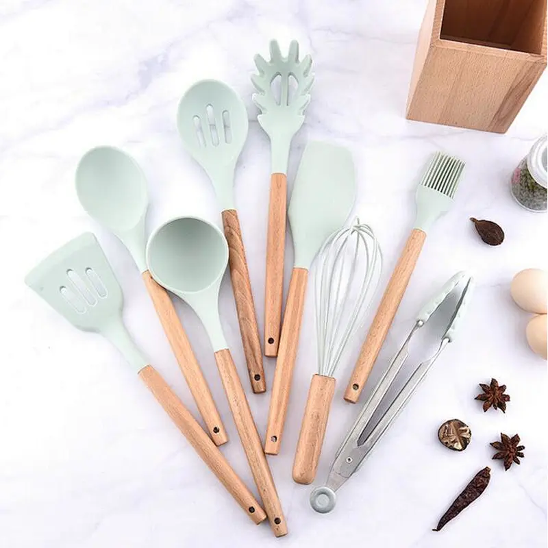 10 pcs Silicone Cooking Kitchen Utensils Set with Wooden Handles Cooking Tool