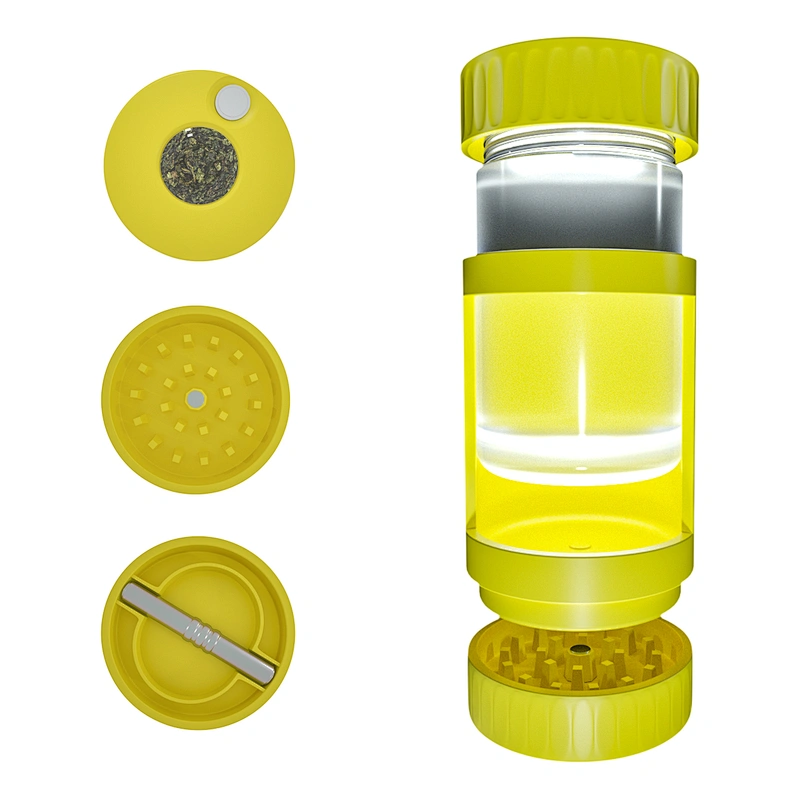 Custom Package and Logo Unique design 4X Air Tight LED Magnifying JAR Herb Stash Jar MAG Jar with Herb Grinder and Smoking Pipe