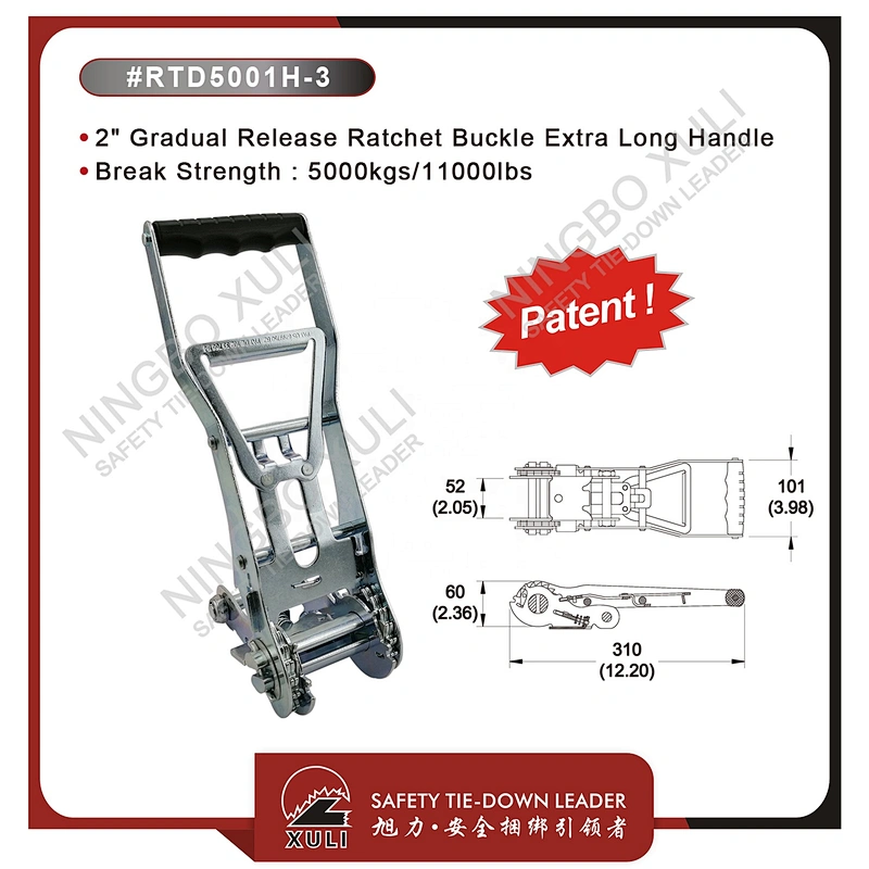 50mmx5000kgs Patent Gradual Release Ratchet Buckle Extra Long Handle for Cargo Lashing RTD5001H-3