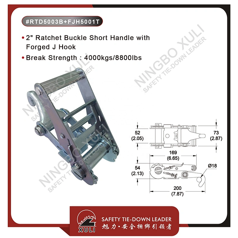 50mmx4000kgs Ratchet Buckle Short Handle with Forged J Hook for Cargo Lashing