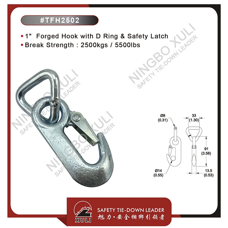 25mmx2500kgs Forged Hook with D Ring & Safety Latch for Cargo Lashing