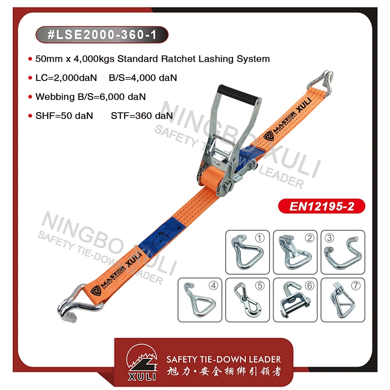 50mm x 4,000kgs wide ratchet lashing with claw hooks