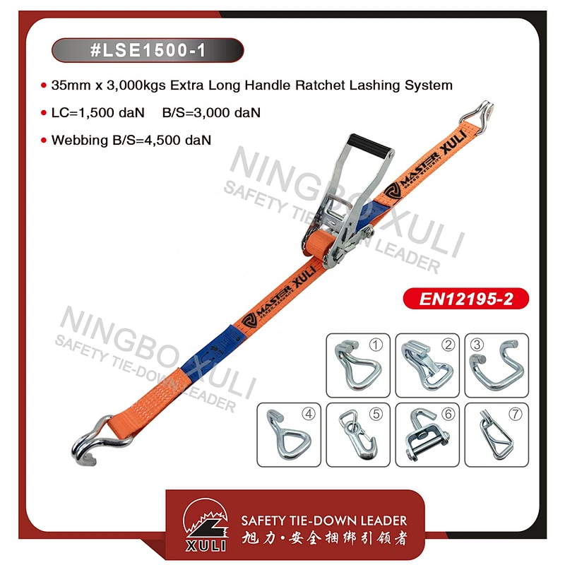 35mm x 3,000kgs 3Ton Extra Long Handle Ratchet Lashing with claw hook