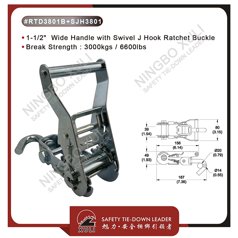 35mmx3000kgs Ratchet Buckle Wide Handle with Swivel J Hook for Cargo Lashing