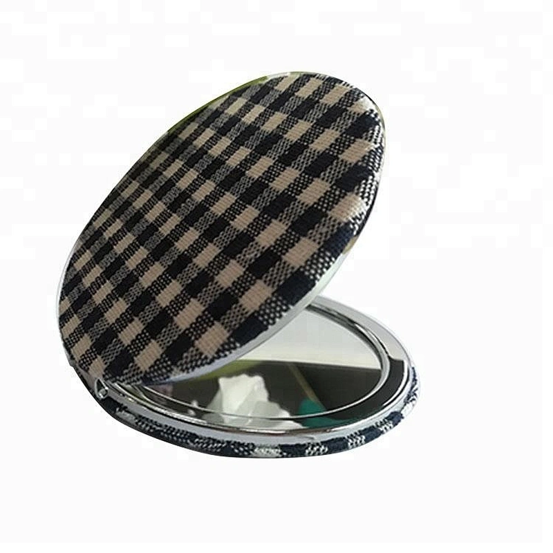 promotional gifts custom round Lattice pattern cotton fabric chrame plated folding makeup mirror