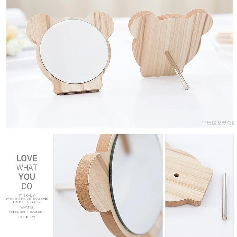 Double-side magnifying wood frame desktop stand mirror