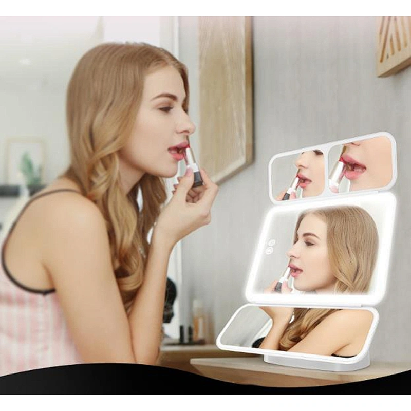 Smart desktop LED makeup mirror with light magnification portable web celebrity dormitory folding dressing mirror