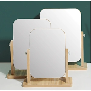Double-side magnifying wood frame desktop stand mirror