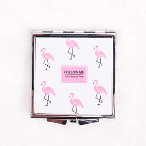 Fashion Square Cartoon Flamingo Souvenir PU  cosmetic Mirror