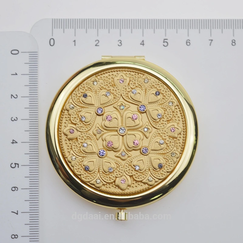 wholesale fashion gloden crystal folding round double sides foldable metal compact mirror for women