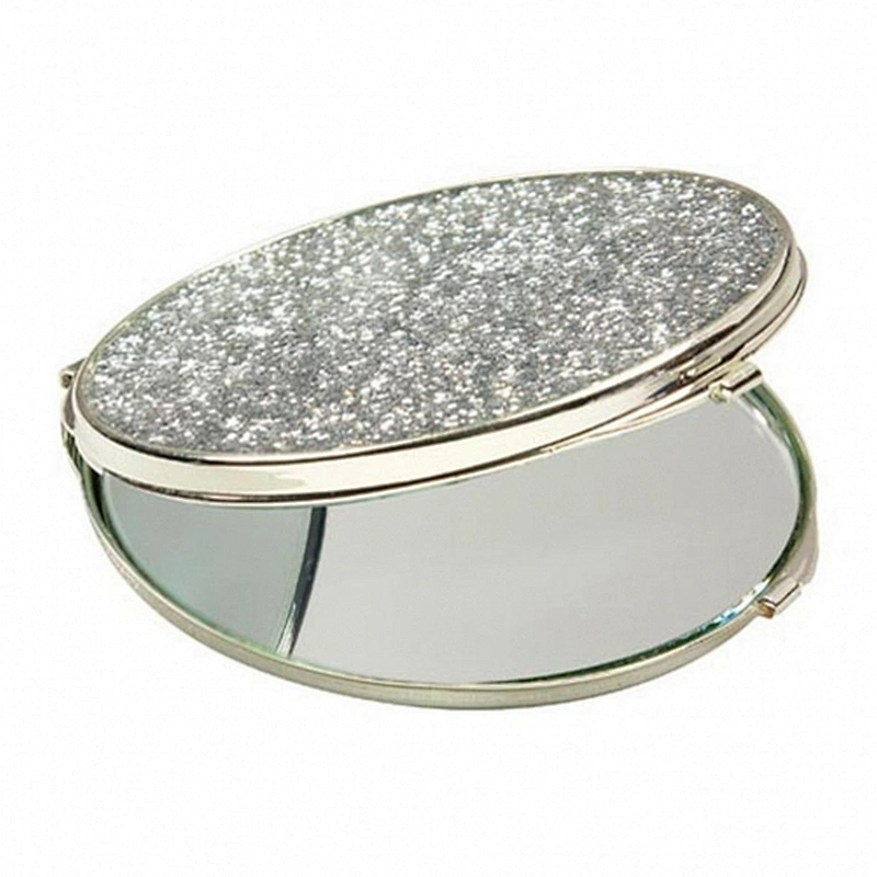 Silver plated round glitter compact mirror
