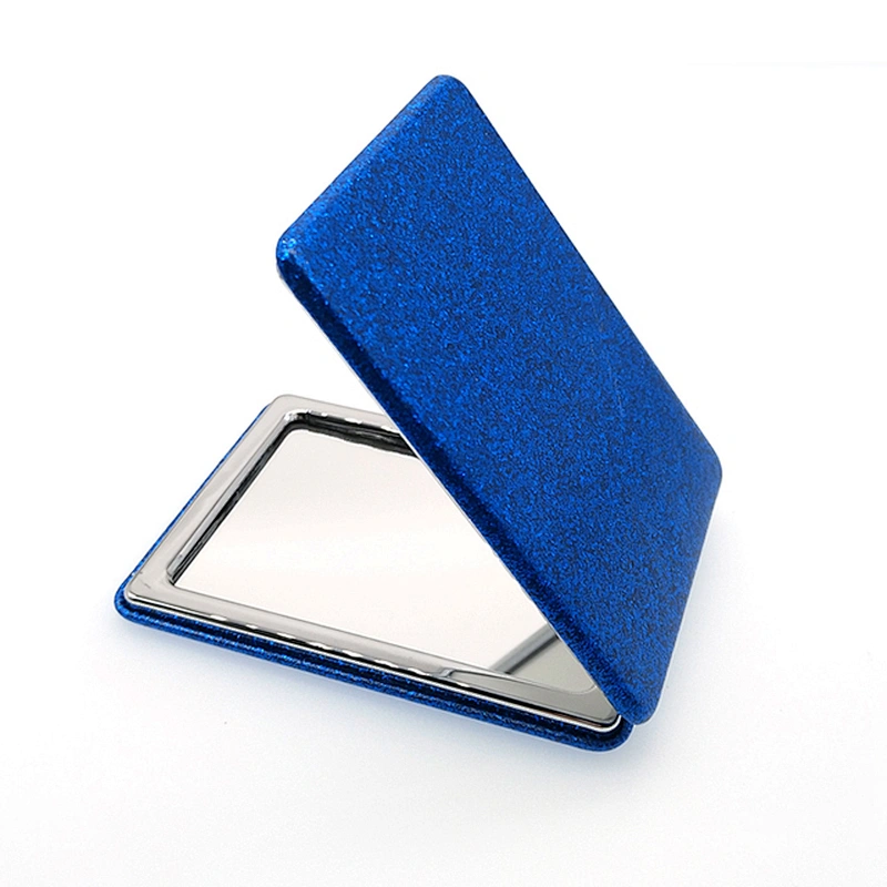 Dongguan factory personalized logo square double sided leather plastic frame  travel pocket mirror with chrome finishing