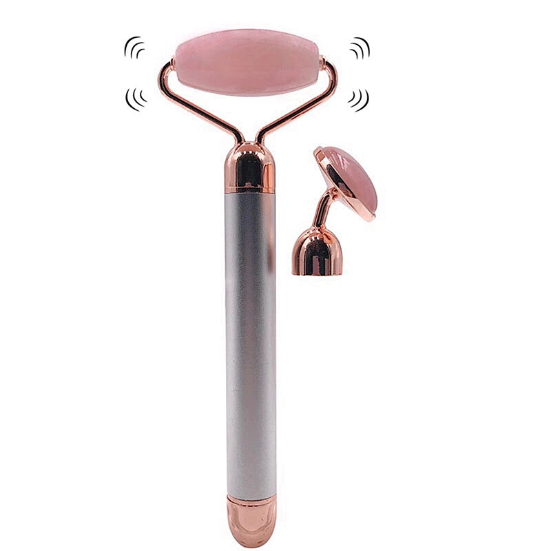New 2 in 1 Electric Vibrating Quartz Roller Rose Quartz Jade Roller Facial Massager for Women Skincare