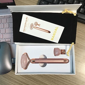 New 2 in 1 Electric Vibrating Quartz Roller Rose Quartz Jade Roller Facial Massager for Women Skincare