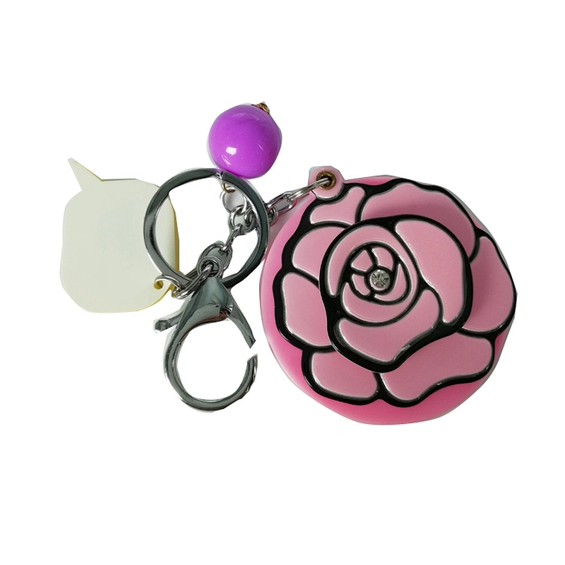 Top seller 2018 custom rose shape rotating plastic travel makeup mirror with keyring for Christmas gift